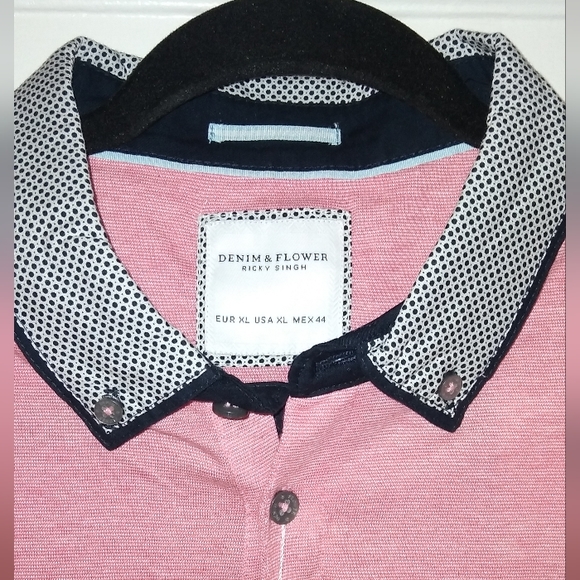 DENIM & Flower Ricky Singh Navy Blue Collared Pink Short Sleeve Polo Shirt XL - Picture 4 of 4